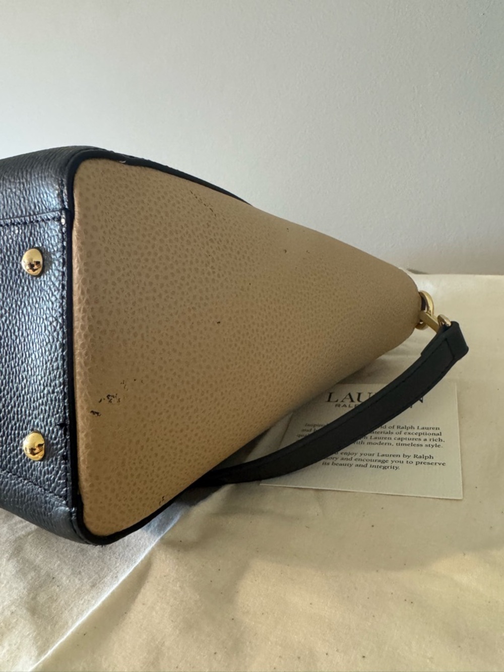 Lauren Ralph Lauren Black and Beige Pebbled Leather Satchel with Gold RL Accent - Picture 6 of 14